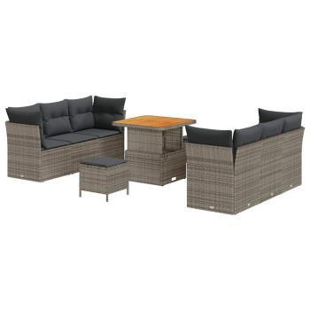 9-teiliges Garten Sofa Set mit Kissen Grau Poly Rattan Akazie, 3-teiliges Garten Essset mit Kissen Grau Poly Rattan Akazie