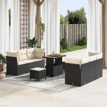 ARDEBO.de - 9-teiliges Garten Sofa Set mit Kissen Schwarz Poly Rattan Akazie, 3-teiliges Garten Esstisch Set mit Kissen Schwarz Poly Rattan Akazie