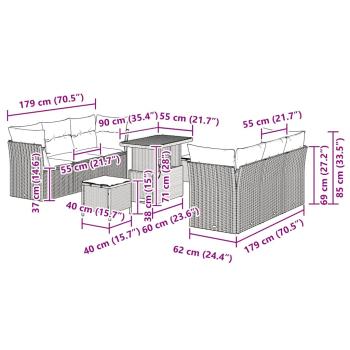 9-teiliges Garten Sofaset mit Kissen Beige Poly Rattan Akazie, 3-teiliges Garten Essset mit Kissen Beige Poly Rattan Akazie