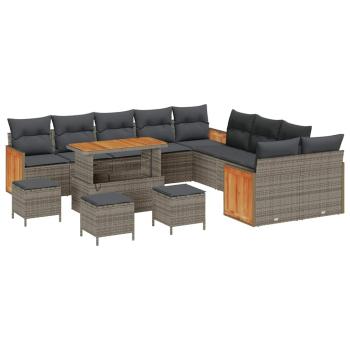 14-teilige Garten-Sofa-Set mit Kissen Grau Poly-Rattan Akazie, 4-teiliges Garten-Dining-Set mit Kissen Grau Poly-Rattan Akazie