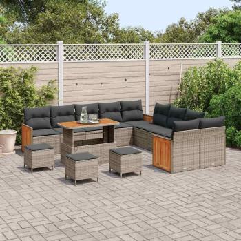 14-teilige Garten-Sofa-Set mit Kissen Grau Poly-Rattan Akazie, 4-teiliges Garten-Dining-Set mit Kissen Grau Poly-Rattan Akazie