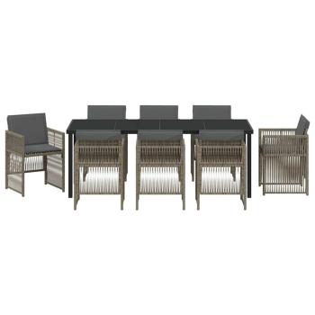 9-teiliges Garten Essset mit Kissen Graues Poly-Rattan, Gartentisch Schwarz 200x80x73 cm Sicherheitsglas