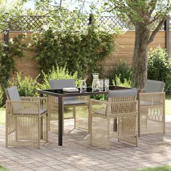 ARDEBO.de - 5-teilige Garten Essgruppe mit Kissen in beigem Poly-Rattan, Gartentisch in Schwarz 140x80x73 cm mit gehärtetem Glas