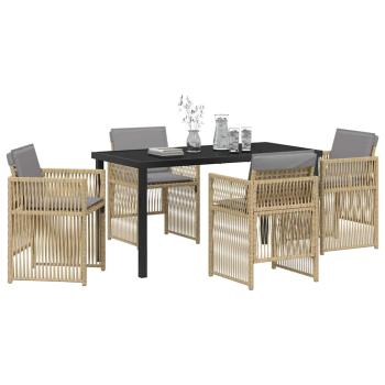 5-teilige Garten Essgruppe mit Kissen in beigem Poly-Rattan, Gartentisch in Schwarz 140x80x73 cm mit gehärtetem Glas