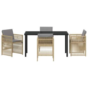 5-teilige Garten Essgruppe mit Kissen in beigem Poly-Rattan, Gartentisch in Schwarz 140x80x73 cm mit gehärtetem Glas