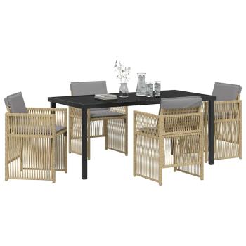 5-teiliges Garten Esstisch Set mit Kissen Beige Poly Rattan, Gartentisch Schwarz 160x80x73 cm Einscheibensicherheitsglas