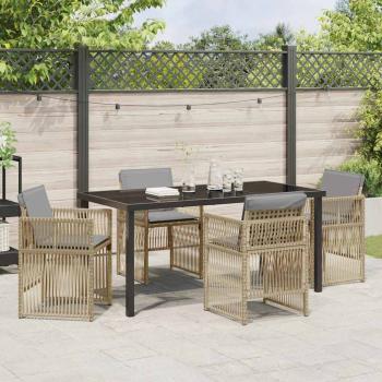 5-teiliges Garten Esstisch Set mit Kissen Beige Poly Rattan, Gartentisch Schwarz 160x80x73 cm Einscheibensicherheitsglas