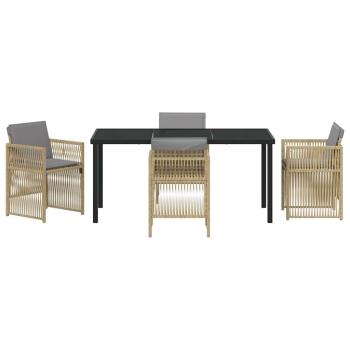 5-teiliges Garten Esstisch Set mit Kissen Beige Poly Rattan, Gartentisch Schwarz 160x80x73 cm Einscheibensicherheitsglas