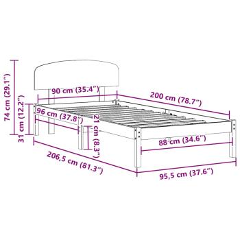 Bettgestell mit Kopfteil 90x200 cm aus massivem Kieferholz