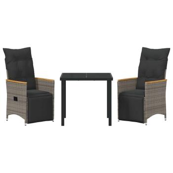 3-teiliges Garten-Ess-Set mit Kissen Grau Poly-Rattan