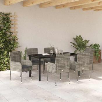 7-teiliges Esszimmer-Set für den Garten mit Kissen Grau Poly-Rattan