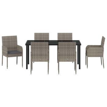 7-teiliges Esszimmer-Set für den Garten mit Kissen Grau Poly-Rattan