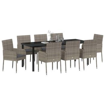 9-teiliges Garten-Dining-Set mit Kissen Grau Poly-Rattan