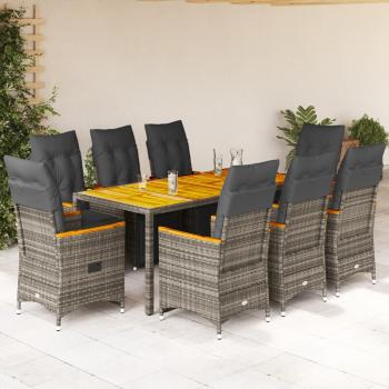 ARDEBO.de - 9-tlg. Garten-Bistro-Set mit Kissen Grau Poly Rattan