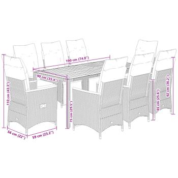 9-tlg. Garten-Bistro-Set mit Kissen Grau Poly Rattan