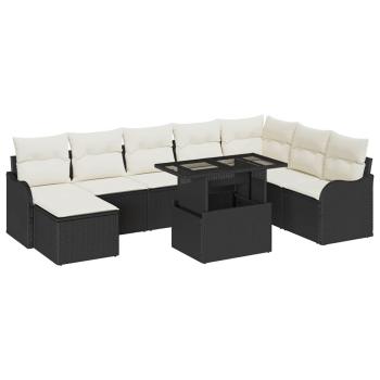 9-teiliges Garten Sofa Set mit Kissen Schwarz Poly Rattan, 2-Sitzer Garten Sofa mit Kissen Schwarz Poly Rattan