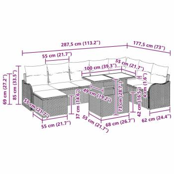 9-teiliges Garten Sofa Set mit Kissen Schwarz Poly Rattan, 2-Sitzer Garten Sofa mit Kissen Schwarz Poly Rattan