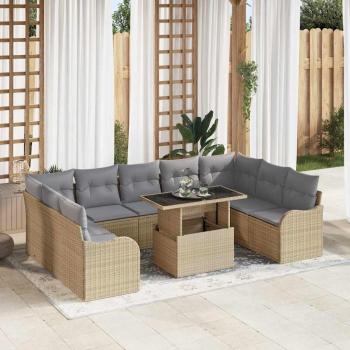 ARDEBO.de - 10-teilige Garten Sofa Set mit Kissen Beige Poly Rattan, 2-Sitzer Garten Sofa mit Kissen Beige Poly Rattan
