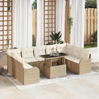 ARDEBO.de - 10-teilige Garten Sofa Set mit Kissen Beige Poly Rattan, 2-Sitzer Garten Sofa mit Kissen Beige Poly Rattan