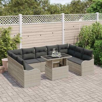 10-teiliges Garten Sofa Set mit Kissen Hellgrau Poly Rattan, 2-Sitzer Garten Sofa mit Kissen Hellgrau Poly Rattan