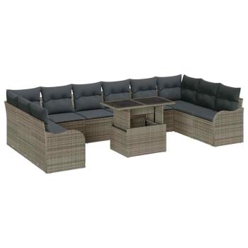11-teiliges Garten Sofa Set mit Kissen Grau Poly Rattan, 2-Sitzer Garten Sofa mit Kissen Grau Poly Rattan
