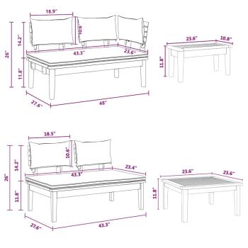 4-teiliges Gartenbank Set mit Kissen aus massivem Teakholz, 2-teiliges Gartenbank Set aus massivem Teakholz