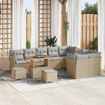 ARDEBO.de - 12-teiliges Garten Sofa Set mit Kissen Beige Poly Rattan Akazie, 3-teiliges Garten Ess-Set mit Kissen Beige Poly Rattan Akazie