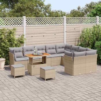 12-teiliges Garten Sofa Set mit Kissen Beige Poly Rattan Akazie, 3-teiliges Garten Ess-Set mit Kissen Beige Poly Rattan Akazie