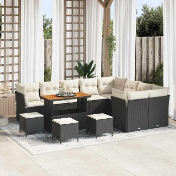 ARDEBO.de - 13-teiliges Garten Sofa Set mit Kissen Schwarz Poly Rattan Akazie, 4-teiliges Garten Essenset mit Kissen Schwarz Poly Rattan Akazie