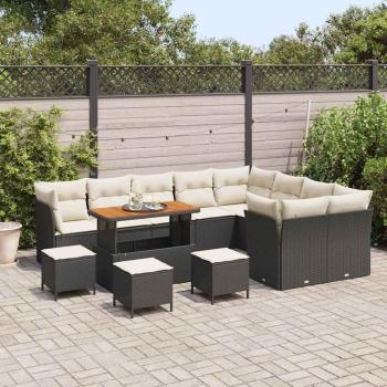 13-teiliges Garten Sofa Set mit Kissen Schwarz Poly Rattan Akazie, 4-teiliges Garten Essenset mit Kissen Schwarz Poly Rattan Akazie