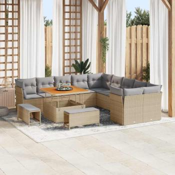ARDEBO.de - 13-teiliges Garten Sofa Set mit Kissen Beige Poly Rattan Akazie, 3-teiliges Garten Esszimmer Set mit Kissen Beige Poly Rattan Akazie