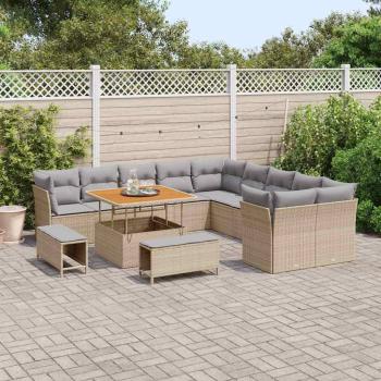 13-teiliges Garten Sofa Set mit Kissen Beige Poly Rattan Akazie, 3-teiliges Garten Esszimmer Set mit Kissen Beige Poly Rattan Akazie