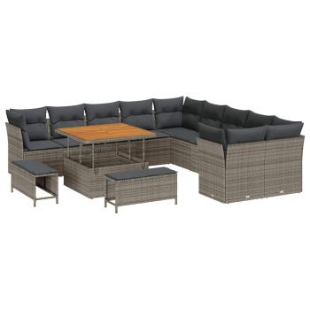 13-teilige Garten Sofaset mit Kissen Grau Poly Rattan Akazie, 3-teiliges Garten Essset mit Kissen Grau Poly Rattan Akazie