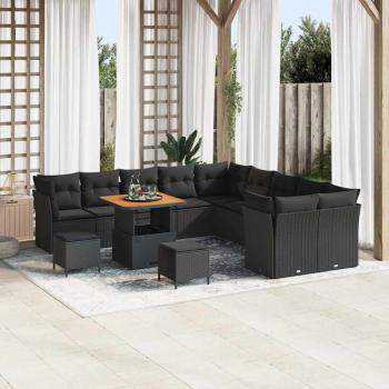 ARDEBO.de - 13-teiliges Garten-Sofa Set mit Kissen Schwarz Poly Rattan Akazie, 3-teiliges Garten Esstisch Set mit Kissen Schwarz Poly Rattan Akazie