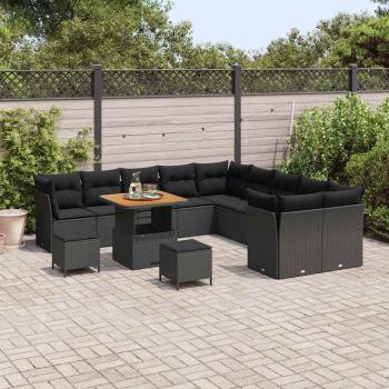 13-teiliges Garten-Sofa Set mit Kissen Schwarz Poly Rattan Akazie, 3-teiliges Garten Esstisch Set mit Kissen Schwarz Poly Rattan Akazie