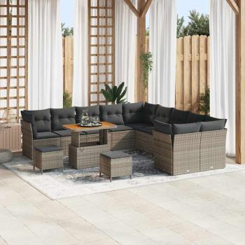 ARDEBO.de - 13-teilige Gartensofa-Set mit Kissen Grau Poly-Rattan Akazie, 3-teiliges Garten-Esszimmer-Set mit Kissen Grau Poly-Rattan Akazie