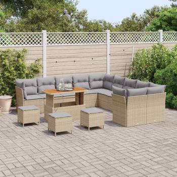 14-teiliges Garten-Sofa-Set mit Kissen Beige Poly Rattan Akazie, 4-teiliges Garten-Ess-Set mit Kissen Beige Poly Rattan Akazie