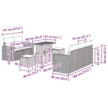 8-teiliges Garten Sofa Set mit Kissen Schwarz Poly-Rattan Akazie, 3-teiliges Garten Esstisch-Set mit Kissen Schwarz Poly-Rattan Akazie