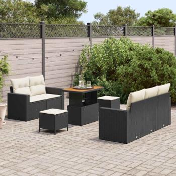 8-teiliges Garten Sofa Set mit Kissen Schwarz Poly Rattan Akazie, 3-teiliges Garten Ess-Set mit Kissen Schwarz Poly Rattan Akazie