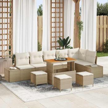 ARDEBO.de - 10-teiliges Garten Sofa Set mit Kissen Beige Poly Rattan Akazie, 2-Sitzer Garten Sofa mit Kissen Beige Poly Rattan, 4-teiliges Garten Essenset mit Kissen Beige Poly Rattan Akazie