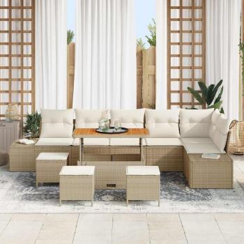 10-teiliges Garten Sofa Set mit Kissen Beige Poly Rattan Akazie, 2-Sitzer Garten Sofa mit Kissen Beige Poly Rattan, 4-teiliges Garten Essenset mit Kissen Beige Poly Rattan Akazie