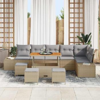 10-Teiliges Garten Sofa Set mit Kissen Beige Poly Rattan Akazie, 2-Sitzer Garten Sofa mit Kissen Beige Poly Rattan, 4-Teiliges Garten Essset mit Kissen Beige Poly Rattan Akazie