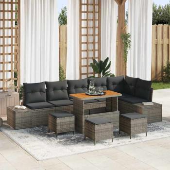 ARDEBO.de - 10-teiliges Garten-Sofa-Set mit Kissen Grau Poly Rattan Akazie, 2-Sitzer Garten-Sofa mit Kissen Grau Poly Rattan, 4-teiliges Garten-Dining-Set mit Kissen Grau Poly Rattan Akazie