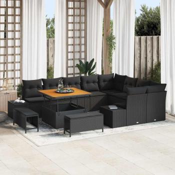 ARDEBO.de - 12-teiliges Garten Sofa Set mit Kissen Schwarz Poly Rattan Akazie, 3-teiliges Garten Esszimmer Set mit Kissen Schwarz Poly Rattan Akazie, 2-Sitzer Garten Sofa mit Kissen Schwarz Poly Rattan