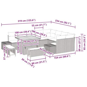 12-teiliges Garten-Sofa-Set mit Kissen Beige Poly-Rattan Akazie, 3-teiliges Garten-Esszimmer-Set mit Kissen Beige Poly-Rattan Akazie, 2-Sitzer Garten-Sofa mit Kissen Beige Poly-Rattan