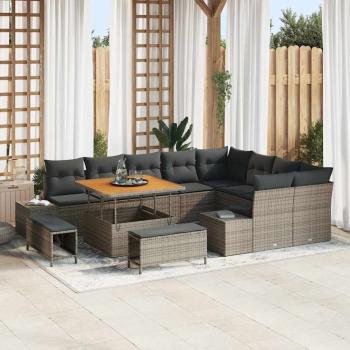 ARDEBO.de - 12-teiliges Garten-Sofa-Set mit Kissen Grau Poly-Rattan Akazie, 3-teiliges Garten-Ess-Set mit Kissen Grau Poly-Rattan Akazie, 2-Sitzer Garten-Sofa mit Kissen Grau Poly-Rattan