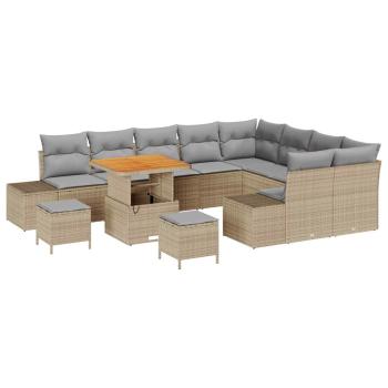 ARDEBO.de - 12-teiliges Garten Sofa Set mit Kissen Beige Poly Rattan Akazie, 3-teiliges Garten Esstisch Set mit Kissen Beige Poly Rattan Akazie, 2-Sitzer Garten Sofa mit Kissen Beige Poly Rattan
