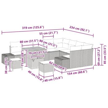 12-teiliges Garten Sofa Set mit Kissen Beige Poly Rattan Akazie, 3-teiliges Garten Esstisch Set mit Kissen Beige Poly Rattan Akazie, 2-Sitzer Garten Sofa mit Kissen Beige Poly Rattan