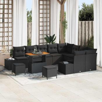 ARDEBO.de - 12-teiliges Garten Sofa Set mit Kissen Schwarz Poly Rattan Akazie, 3-teiliges Garten Ess Set mit Kissen Schwarz Poly Rattan Akazie, 2-Sitzer Garten Sofa mit Kissen Schwarz Poly Rattan