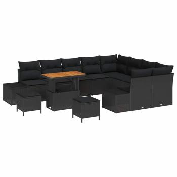 12-teiliges Garten Sofa Set mit Kissen Schwarz Poly Rattan Akazie, 3-teiliges Garten Ess Set mit Kissen Schwarz Poly Rattan Akazie, 2-Sitzer Garten Sofa mit Kissen Schwarz Poly Rattan